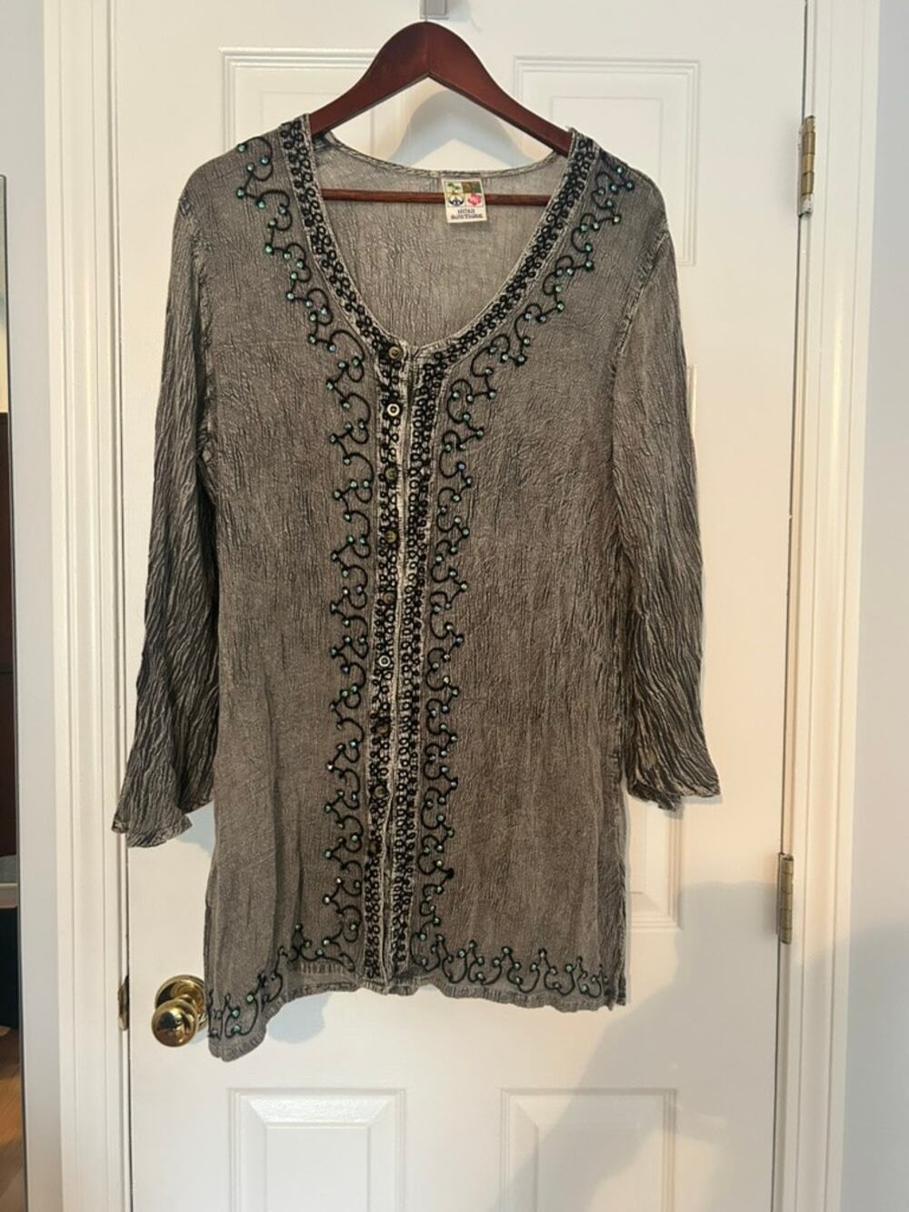 Boho Embroidered Beaded Blouse Womens Small Medium Gray Peasant Festival Top